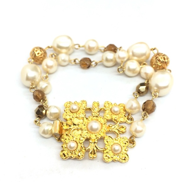 VINTAGE 80S 90 LIZ CLAIBORNE BRACELET FAUX PEARL GOLD TONE BEADED ORNATE - Picture 1 of 11